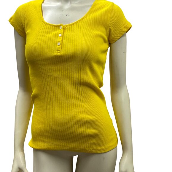 Lauren Ralph Lauren Womens Ribbed Yellow Henley Short Sleeve Top M - Picture 2 of 5